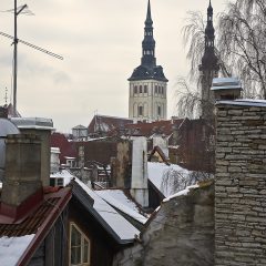 Bild: Bild: In der Altstadt von Tallinn sind die Häuser eng ineinander geschachtelt. Im Hintergrund sind die Oleviste kirik (Olevikirche) und die Püha Vaimu kirik (Heiliggeistkirche) zu sehen.
