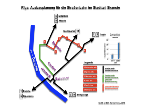 Bild: Routenplan für die Einbindung der neuen Straßenbahn im Stadtteil Skanste in das bestehende Netz von Rīga.