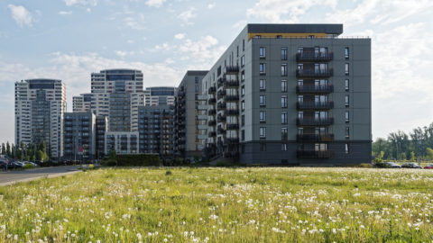 Bild: Moderner Wohnkomplex im Stadtteil Skanste von Rīga mit den vier Hochhäusern "Skanstes virsotnes".