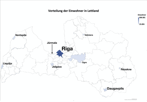 Bild: Ein gutes Drittel der Menschen Lettlands lebt in der Hauptstadt Rīga. Das Land ist - abgesehen von nur 9 Städten mit mehr als 20.000 Einwohnern - dünn besiedelt. Klicken Sie auf des Bild um es zu vergrößern.